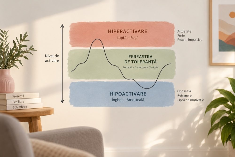 Diagrama ferestrei de toleranță: trei benzi suprapuse – hiperactivare (luptă, fugă), fereastra de toleranță (prezență, conectare, claritate) și hipoactivare (îngheț, amorțeală) – străbătute de o curbă a nivelului de activare care iese deasupra și dedesubtul ferestrei