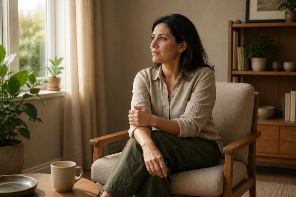 Trauma psihică lasă urme invizibile - femeie stând gânditoare într-un fotoliu, lângă fereastră
